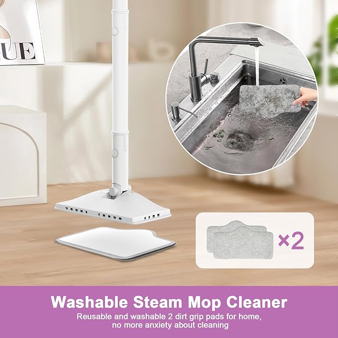 7-in-1 Steam Mop, 1200W Rotated Steam Cleaner for Home, 2 Modes, 400ML Removable Tank, 23FT Power Cord, 2 Pads, Multi-Surface Steamer for Hard Floor, Laminate Floor, Tiles Cleaning (Snow White)