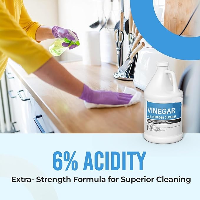 All Purpose Distilled White Cleaning Vinegar, 6% Acidity, 4 Gallon Multi-Surface Household Cleaner for Kitchen, Laundry, Floors, (1 Gallon Per Jug)