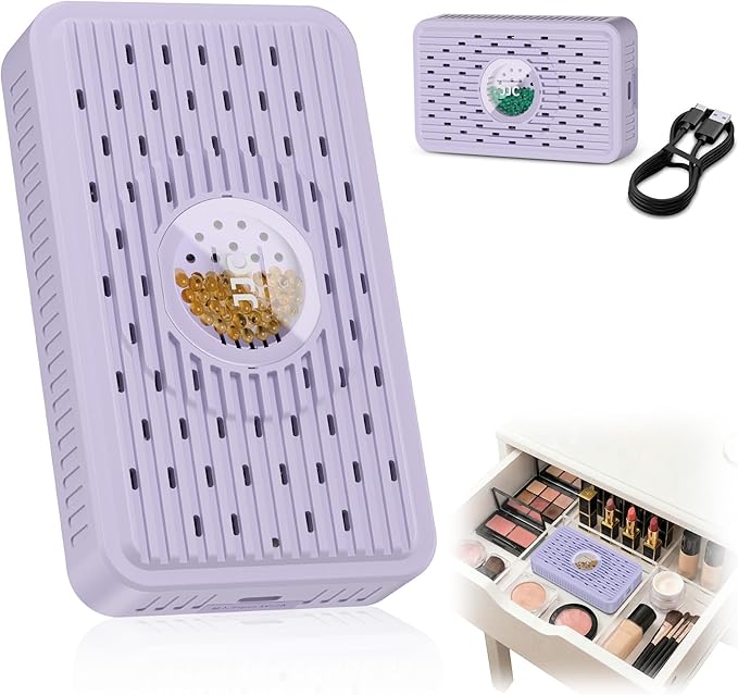 Auto Power-off USB C Rechargeable Cordless Dehumidifier Desiccant,Electric Moisture Damp Rid Silica Gel Packets for Storage Totes Jewelry Display Cabinet Guitar Case Drawer Photo Album Document-Purple