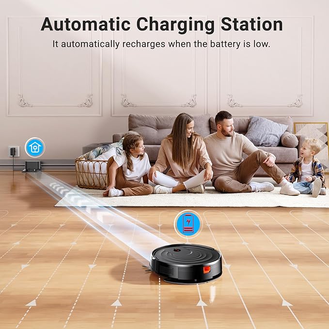 Robot Vacuum and Mop Combo, Robotic Vacuum Cleaner 5000Pa Strong Suction 130 Mins Runtime, Slim, Low Noise, Automatic Self-Charging, Wi-Fi/App/Alexa Control, Ideal for Hard Floor/Low-Pile Carpet