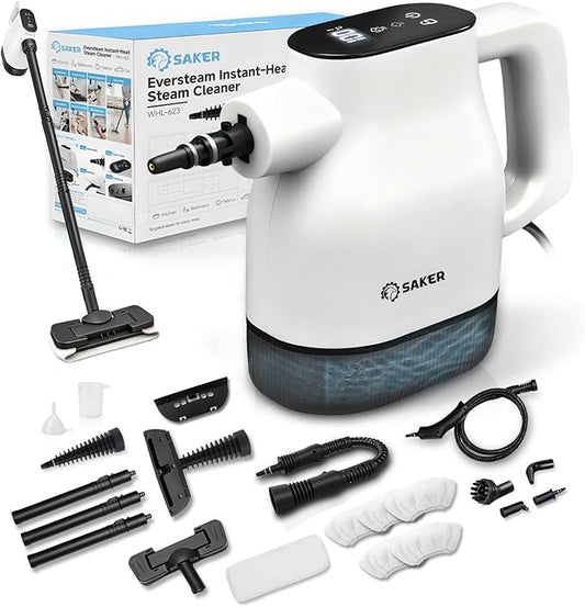 Saker EverSteam Instant-Heat Steam Cleaner for Home,15s Heat-up Handheld Steam Cleaner with Mop Attachment&Fiber Cloths,Portable Continuous Refill Steamer for Cleaning of Floor, Car and Kitchen