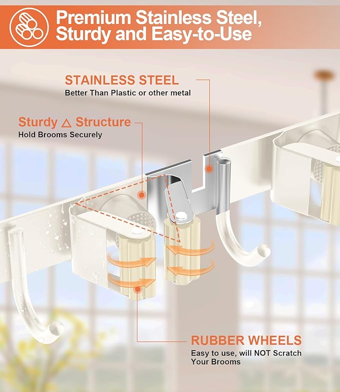 Broom Holder Over The Door Drilling Free Mop and Broom Holder with 4 Over Door Hook, Metal Mop and broom hanger Wall Mount Broom Storage Tool Organizer for Laundry Room Garage Bathroom - light beige