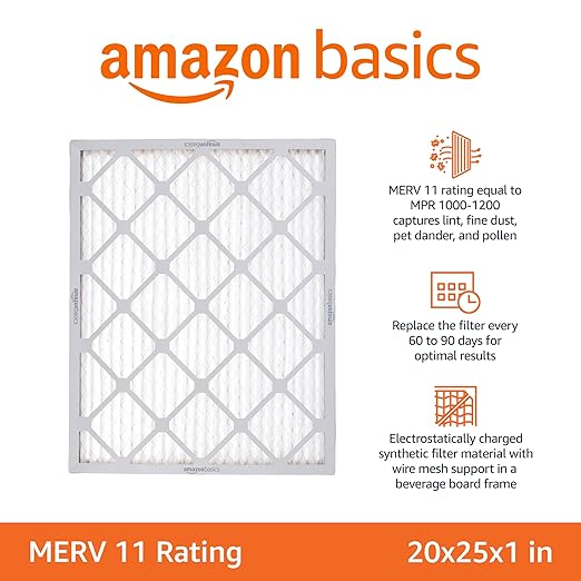 Amazon Basics 20x25x1 Air Filter 6-Pack, MERV 11 AC Furnace Filters, Dust, Pet, Allergy Control, Electrostatic, Removes Lint (Actual Size: 19.75" x 24.75" x 0.75")