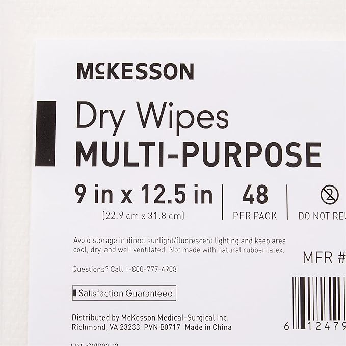 McKesson Multi-Purpose Dry Wipes - Disposable, Medium Duty, Non-Sterile - White, 9 in x 12 1/2 in, 48 Wipes, 1 Pack