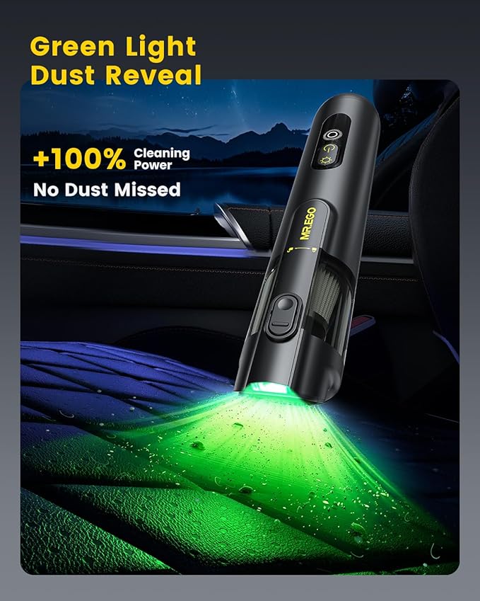 Mr.ego Car Vacuum Portable Cordless, 20000Pa Mini Vacuum Cleaner & Air Duster, 100,000 RPM Brushless Motor Handheld Vacuum with LED Light and Multi-Nozzles for Car, Home, Office, Pet (Black)