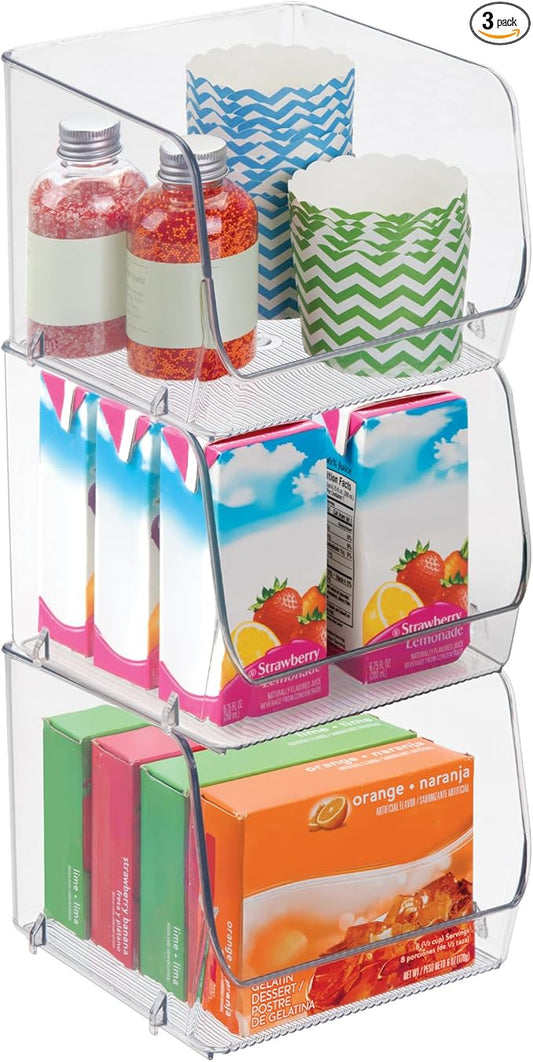 iDesign Stackable Open-Front Storage Bins for Kitchen and Pantry Organization - Set of 3 - Clear