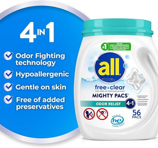 All Mighty Pacs Laundry Detergent Free Clear Odor Relief, Tub, 56 Count