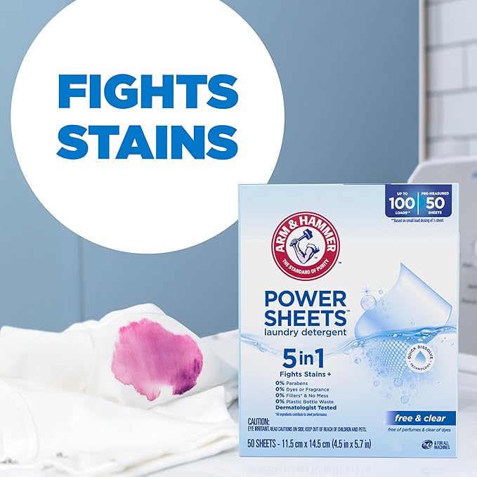 ARM & HAMMER 5-in-1 Power Sheets Laundry Detergent, Free & Clear, 50 Count, up to 100 Small Loads