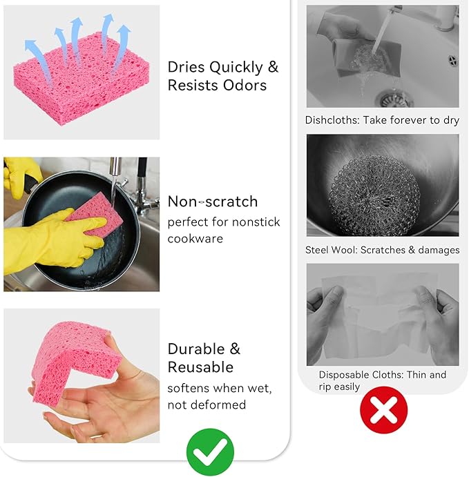 6 Pcs Kitchen Sponges for Dishes Cleaning, Non Scratch for Non Stick Cookware, Compressed Natural Cellulose Sponges, Dish Washing Scrubbers, Scrubbing Pads for Household, Bathroom (Red)