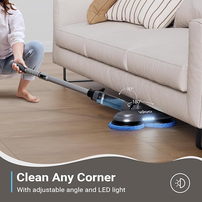 iDOO Cordless Electric Mop with Water Spray & LED Headlight, 350ml Water Tank, Electric Spin Mop, Polisher for Hardwood, Tile Floors, Quiet Self Propelled, Powerful Floor Cleaner with 4 Scrub Pads