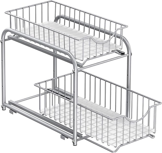 SONGMICS 2-Tier Pull Out Cabinet Organizers, Under Sink Organizer, Bathroom Organizer and Storage, Sliding Basket Drawers, Stackable for Kitchen, Bathroom, Metallic Silver UKCS017E01