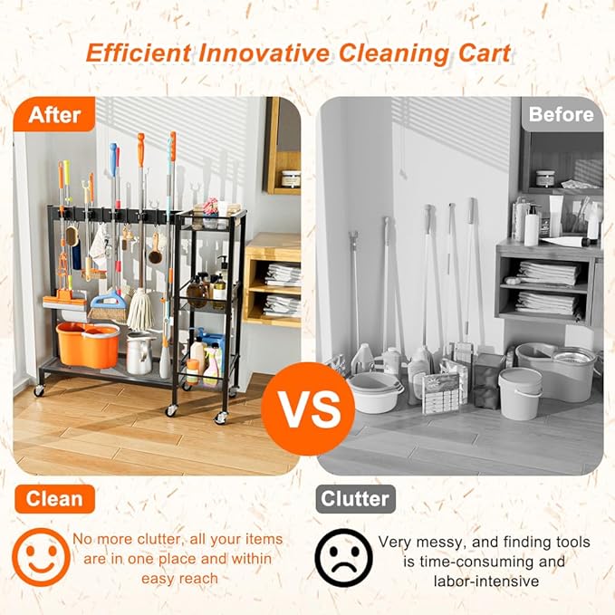 Broom and Mop Holder with Cleaning Supplies Organizer, Narrow Cleaning Cart with Cleaning Caddy, Large Capacity Cleaning Rack with Grippers Rack Hooks for Housekeeping Laundry Room Garage