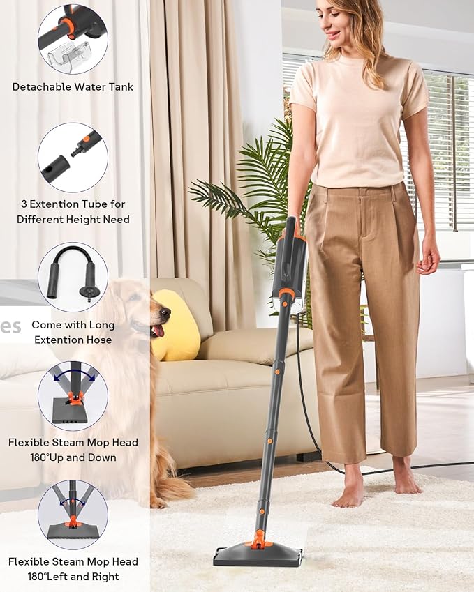 Steam Mop Cleaner with Detachable Handheld Steamer, 20 in 1 Wired Steam Cleaner with Multiple Accessories, Detachable Water Tank, Microfiber Pads for Floor Tiles Carpet and Grout Cleaning (Grey)