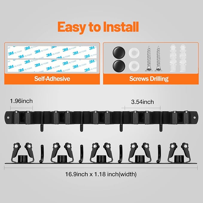 Broom Holder Wall Mount, Broom Organizer Wall Mount Stainless Steel Mop and Broom Holder Wall Mounted Heavy Duty Broom Hanger Storage Rack 5 Rack 4 Hooks Black