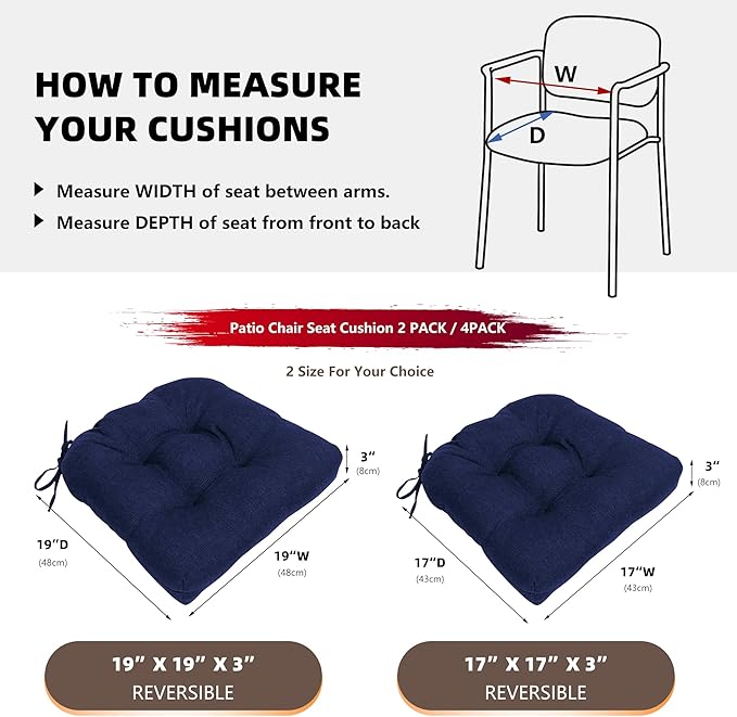 RACE LEAF 4 Pack 19x19 Patio Chair Cushions, Thickened Waterproof Cushions with Stain Resistant Cover and Non-Slip Ties (Navy)