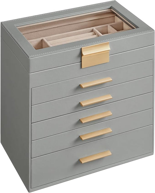 SONGMICS GISELLA Collection - Jewelry Box Organizer, 6-Layer Jewelry Storage with 5 Drawers, Shiny Metal Hardware, Glass Lid, Modern, 6.4 x 9.9 x 11.4 Inches, Dove Gray and Gold Color UJBC171G01