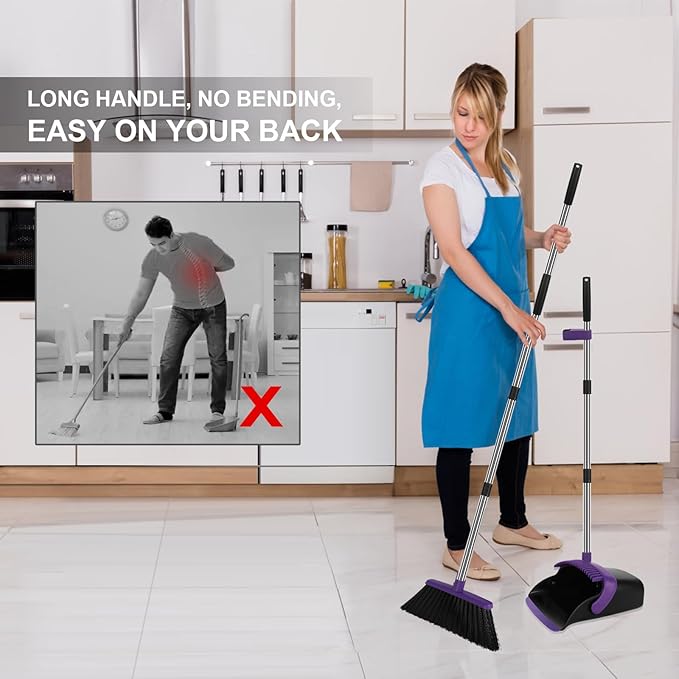 Broom and Dustpan Set, Large Household Dustpans and Broom with 55 Inch Long Handle, Pueple Broom with Dustpan Combo Set for Home