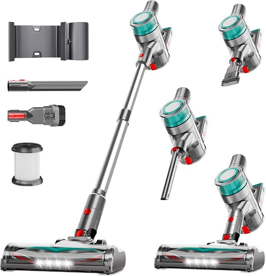 Cordless Vacuum Cleaner, Powerful Stick Vacuum Cleaner for Home with Rechargeable Battery, 6-in-1 Lightweight Handheld Vacuum, 45 Mins Runtime for Hardfloor & Carpets Pet Hair (Green)