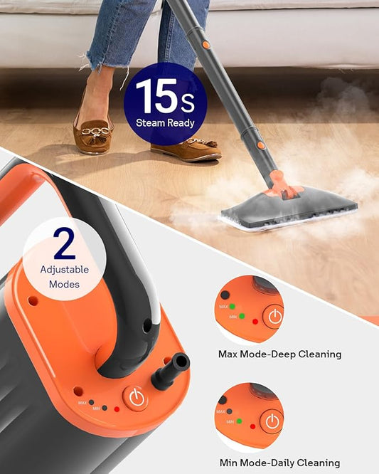Steam Mop Cleaner with Detachable Handheld Steamer, 20 in 1 Wired Steam Cleaner with Multiple Accessories, Detachable Water Tank, Microfiber Pads for Floor Tiles Carpet and Grout Cleaning (Grey)