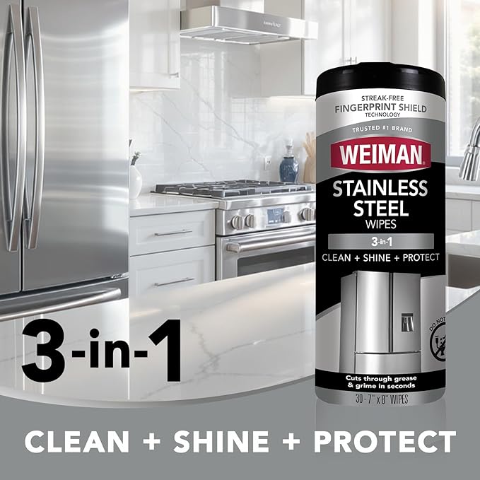 Weiman Stainless Steel Wipes and Leather Wipes - Clean and Polish Appliances for a Brighter and Longer Shine - Clean, Condition and Restore Leather Surfaces - Packaging May Vary
