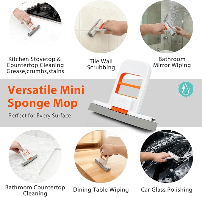 Self Squeezing Mini Mop, Orange Small Sponge Mop, Wet and Dry Use Cleaning System, Foldable Desktop Mop, One-Hand Squeeze Handle and Replaceable Head