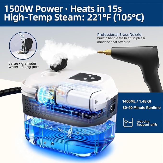 Steam Cleaner, Portable Steamer for Cleaning with 15pcs Accessories, 6-Level Adjustable Handle,15s Heat-Up, 1500W Pressurized Handheld Steam Cleaner for Home,Kitchen, Bathroom, Car,Tile,Grout