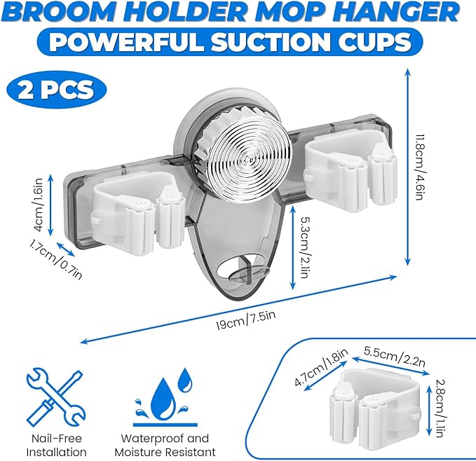2 Pack Broom Holder Mop Hanger - Strong Suction Cup - No Drill Removable Broom Organizer Rack Wall Mount with Hooks for Bathroom Kitchen Garage, Clear Grey