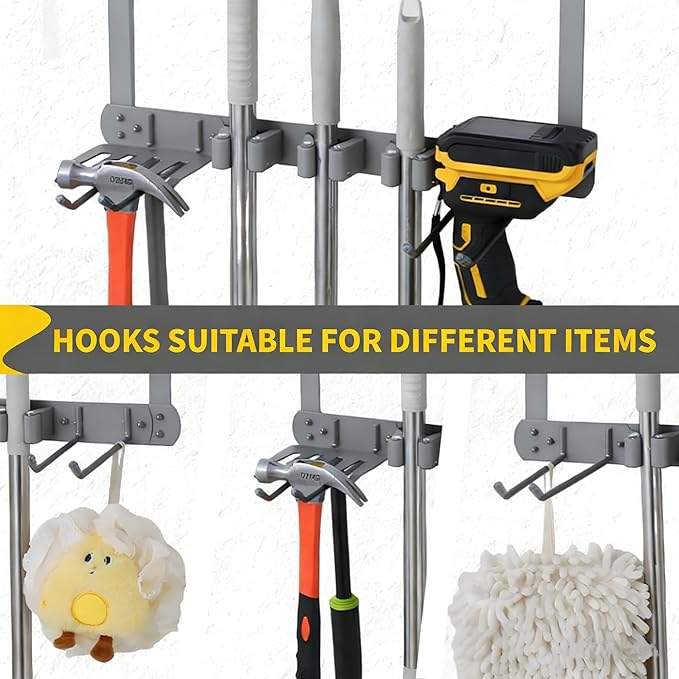 Broom Holder Door Mount,Door Mounted Broom and Mop Holder with Dual Tool Hooks, Three Slots, and One Tool Storage Basket For Laundry Room, Garage, Closet, warehouse, Kitchen Decor (gray)