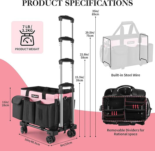 Rolling Cleaning Caddy, Cleaning Supplies Organizer with Trolley, Wearable Cleaning Tote Bag on Wheels with Hard Bottom, Cleaning Carts for Housekeepers/Home/Car/Office/Picnic (Pink)