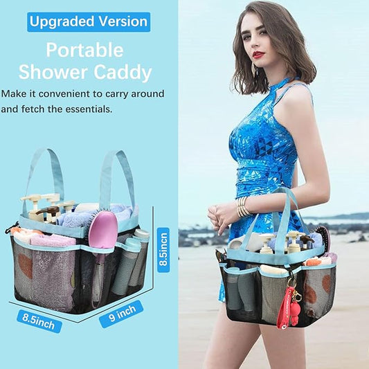 Haundry Mesh Shower Caddy Tote, Large College Dorm Bathroom Organizer with 8 Pockets, Hanging Portable Tote Bag for College Dorm Room Essentials, Beach, Swimming, Gym, Camping