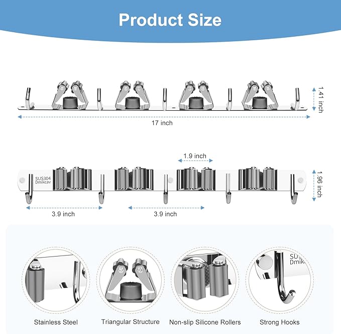 Mop and Broom Holder Wall Mounted, 4 Racks and 5 Hooks Broom, Upgraded Stainless Steel Broom Holder Self Adhesive, Broom Organizer, Tools Organizer for Home Kitchen bathroom Garden balcony