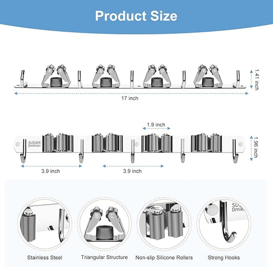 Mop and Broom Holder Wall Mounted, 4 Racks and 5 Hooks Broom, Upgraded Stainless Steel Broom Holder Self Adhesive, Broom Organizer, Tools Organizer for Home Kitchen bathroom Garden balcony