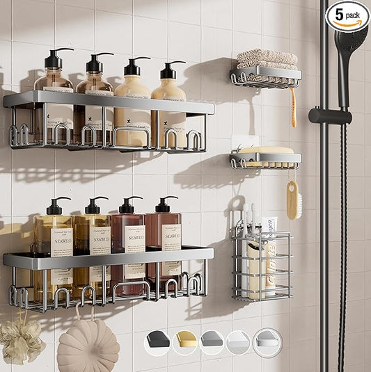 Veken Adhesive Shower Caddy 5-Pack,Heavy Weight Bearing,Large Wall Mounted Shower Shelves Rack,Organizer Storage Accessories with Soap Dish&Toothbrush Holder,Ideal for Bathroom,Home&Kitchen,Silver