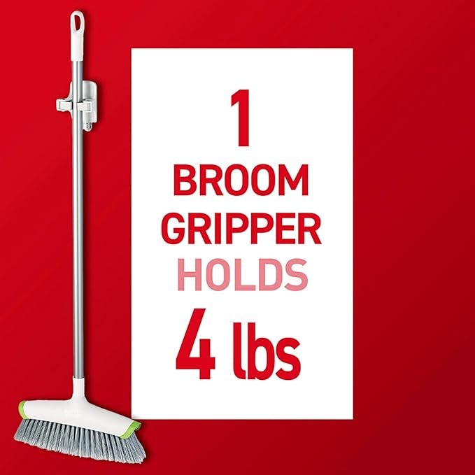 Command Broom Grippers, 2 Hangers and 4 Strips, Damage-Free Mop and Broom Holder Wall Mount, Household Cleaning Tool Organizer for Kitchen, Laundry Room, Closet, Holds up to 4 lb