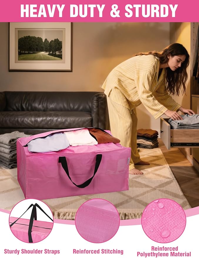 WORKPRO 10 Pack Extra Large Moving Bags with Zippers & Carrying Handles Backpack Straps, Heavy-Duty Storage Tote for Space Saving Moving Storage (Pink)