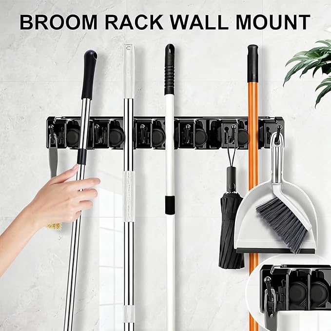 Broom Holder Wall Mount,Broom and Mop Organizer Wall Hanging,Broom Holder with Hooks and Slots for Home,Garage,Garden,Laundry,Kitchen