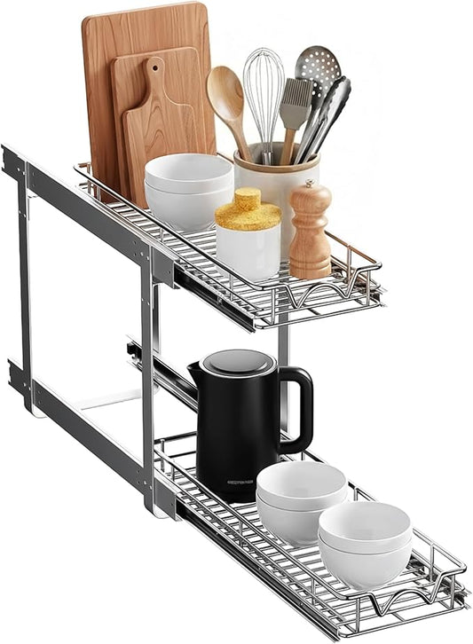 HOLDN’ STORAGE Two Tier Pull Out Cabinet Organizer, Individual Sliding Drawers - Heavy Duty Metal with Lifetime Limited Warranty - Anti Rust Chrome Finish - 8" W x 21”D x 16.5" H
