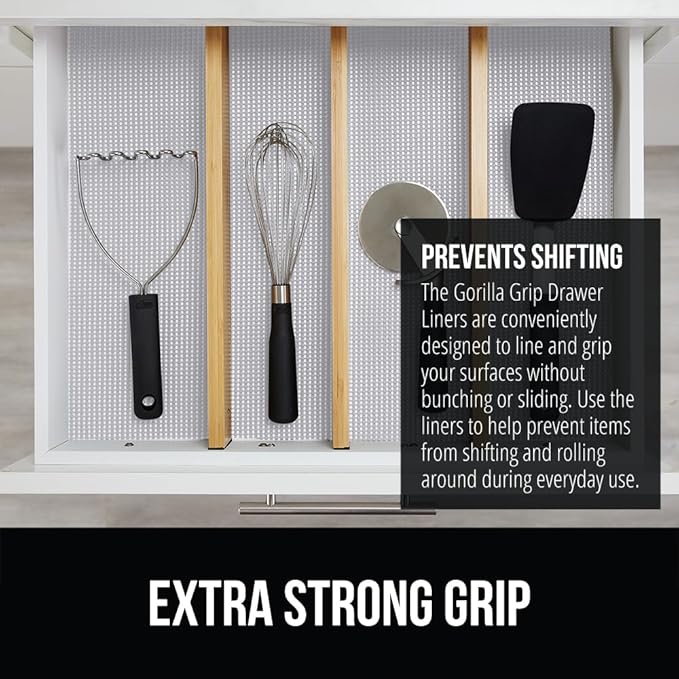 GORILLA GRIP powerGRIP Drawer Shelf and Cabinet Liner, Thick Strong Hold, Non-Adhesive Liners Protect Kitchen Cabinets and Cupboard, Bathroom Drawers, Easy Install, Breathable Mat, 12" x20' Light Gray