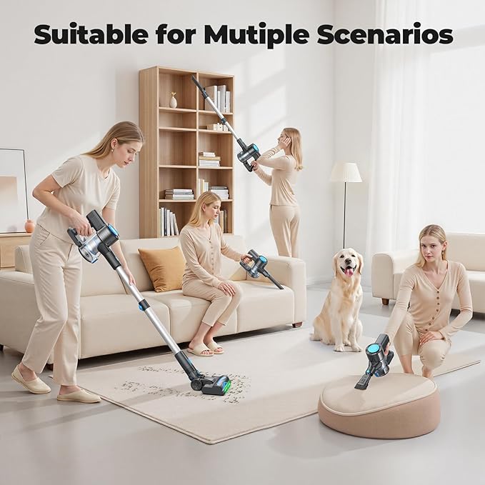 Cordless Vacuum Cleaner, Powerful Lightweight Stick Vacuum with Self-Standing, Anti-Tangle, 8-in-1 Rechargeable Vacuum Cleaners for Home, Hardwood Floors, Carpet, Pet Hair (Blue)