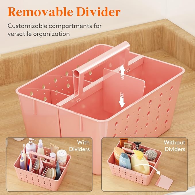 Lifewit Shower Caddy Portable, Plastic Bathroom Organizer with Handle and Holes, Hard Cleaning Basket for Toiletry Storage, College Dorm Essentials, Pink, 3 Packs