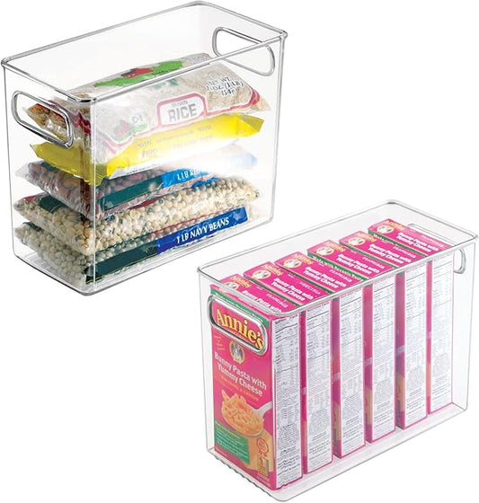 mDesign Plastic Modern Kitchen, Pantry Food Storage Container Bin w/ Handles - Cabinet, Fridge/Freezer, Countertop Organizer - Snacks/Drink/Appliances; Ligne Collection, Clear, 10x5x8 (Pack of 2)