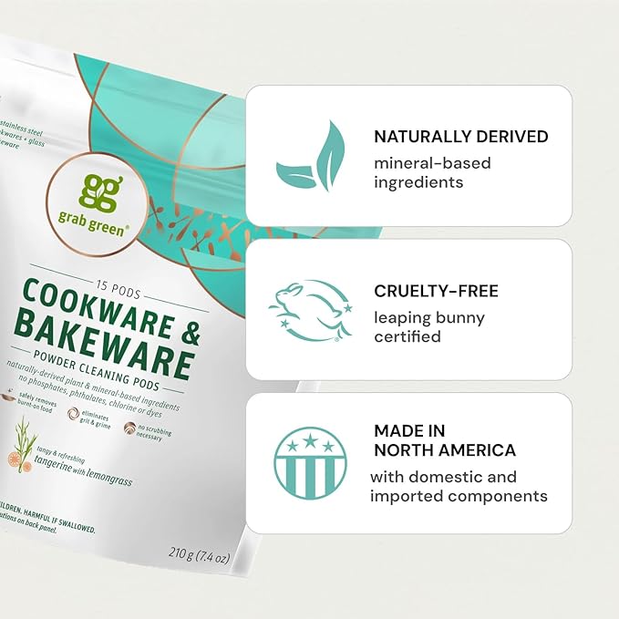 Grab Green Cookware and Bakeware Cleaner Pods, 60 Pods, Tangerine Lemongrass Scent, Plant and Mineral Based, Removes Burnt-On Food, Eliminates Stains