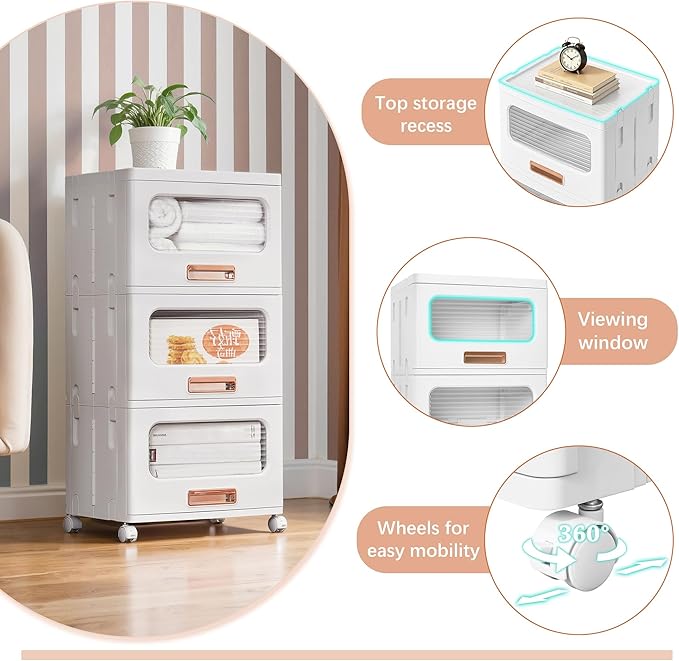 VECELO Stackable Storage Drawers Cabinet with Wheels, Storage Bins Pull Out, Waterproof Drawer Closet Organizer, Multi-Tier Stackable Design for Bedroom/Livingroom/Bathroom, Medium, 2-Tier
