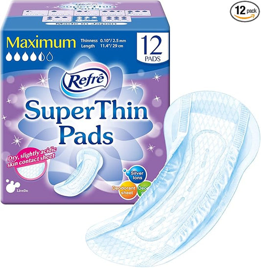 Refre SuperThin Maximum (230cc) - Unisex Disposable Bladder Control Pads - Super Absorbent & Odor Eliminating Adhesive Underwear Pads for Incontinence - Thinness 0.10" - Length 11.4" - 12 Ct
