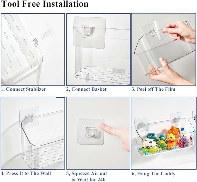 Bath Toy Storage 2 Packs, Large Bath Toy Holder, Quick Dry Bathtub Toys Organizer, Shower Caddy Shower Organizer for Bathroom Storage, No Drill Shelves Basket, Drainable, Clear White