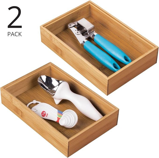 mDesign Pack of 2 Functional Drawer Organiser — Elegant Bamboo Kitchen Drawer Divider for Cutlery, Silverware, Utensils – Convenient Drawer Separator – Light Brown