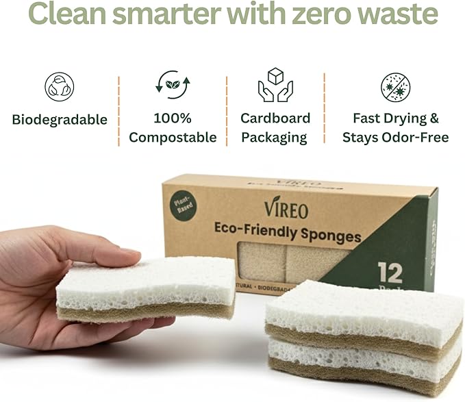 VIREO 12 Pack Eco Sponges – Natural Biodegradable Cellulose & Coconut Fiber Kitchen Scrubbers – Compostable, Odor-Free, Non-Scratch, Zero Waste Sponges for Dishwashing & Cleaning