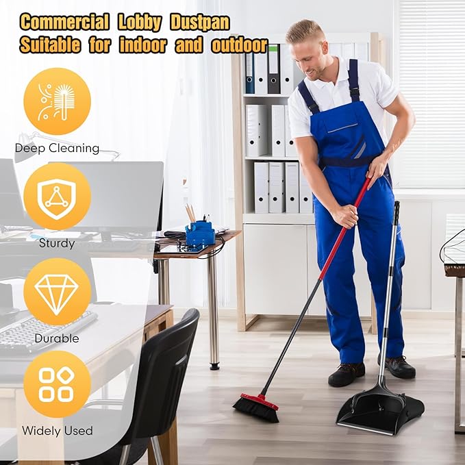 Maxcheck 4 Pcs 37 Inch Lobby Dust Pan Bulk Upright Lobby Dust Pan Plastic Commercial Dustpan with Long Handle Upright Standing Dustpan Heavy Duty for Office Home Indoor Outdoor Use (Black)
