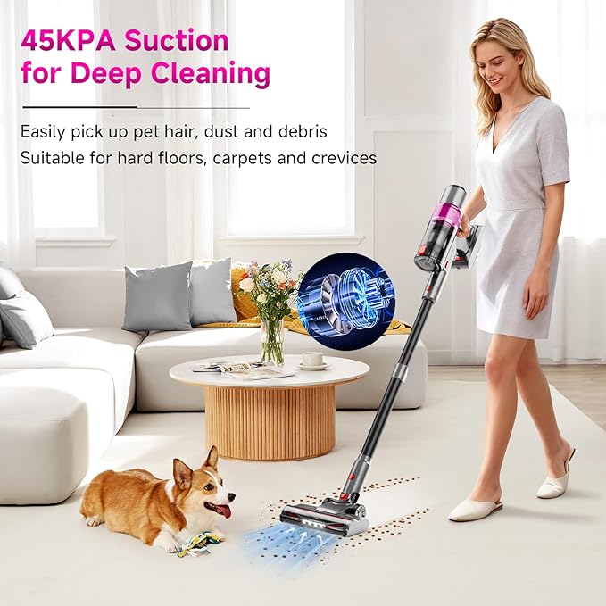 Cordless Vacuum Cleaner, 550W/45KPA Powerful Suction Cordless Stick Vacuum Cleaners for Home, Anti-Tangle Brush, Lightweight, 6-in-1 Rechargeable Vacuum for Pet Hair/Carpet/Hard Floor(Purple)