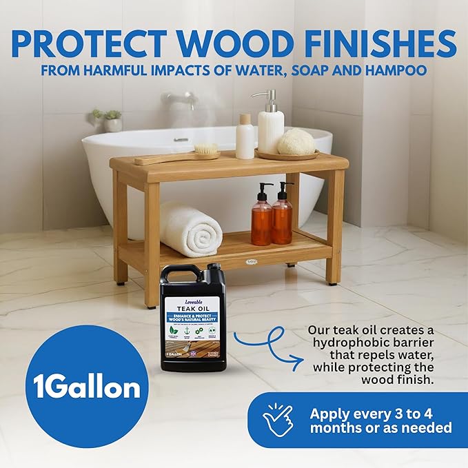 EcoDecors Loveable Teak Oil – 1 Gallon, Indoor and Outdoor Wood Protector, Marine-Grade, Plant-Based Formula, Deep-Penetrating Teak Treatment for Patio, Garden, Shower & Boat Wood Furniture